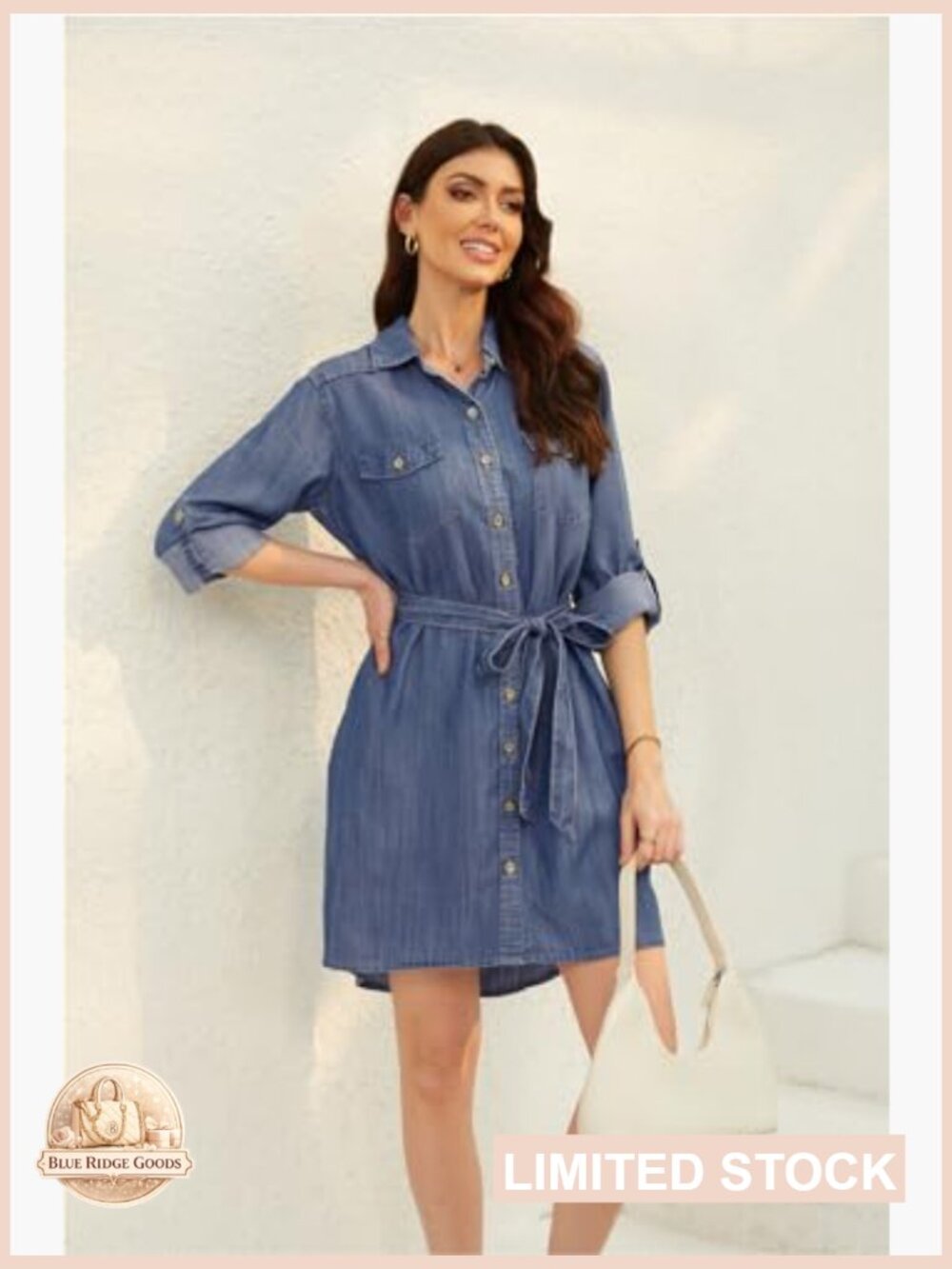 Denim Shirt Dress Casual Button Down Tie Waist Long Sleeve Midi Wrap Style - Picture 5 of 7